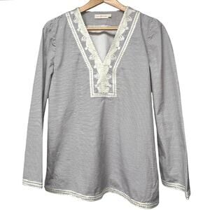 Tory Burch Aleksi Skinny Stripe Navy Ivory Embroidered V-Neck Tunic Top Size 6